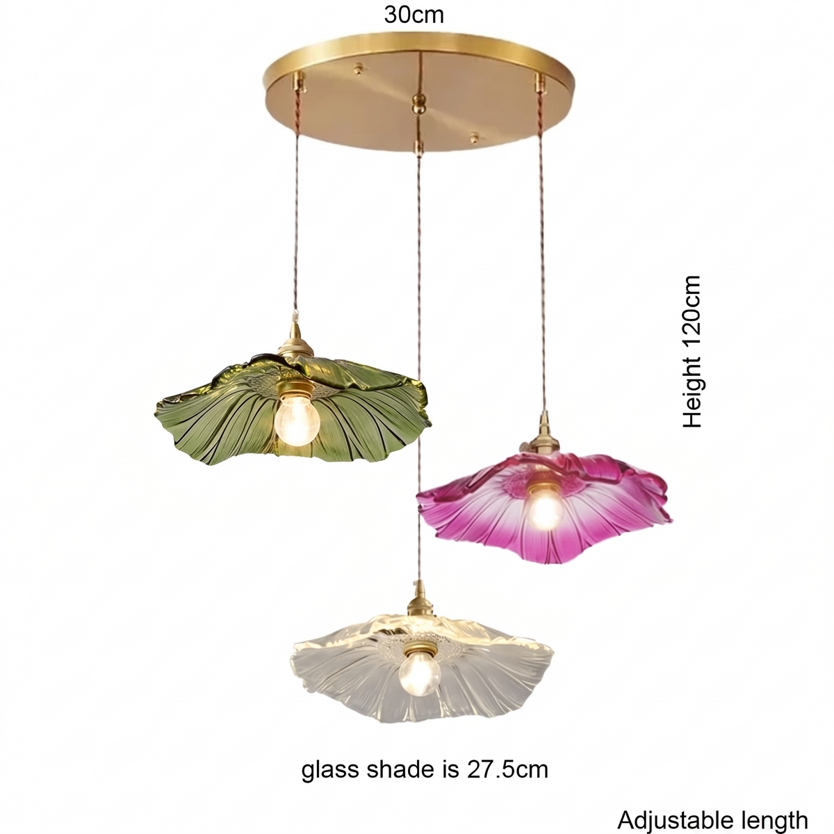 Bloom Glass Pendant dimensions - mixed shades, adjustable length