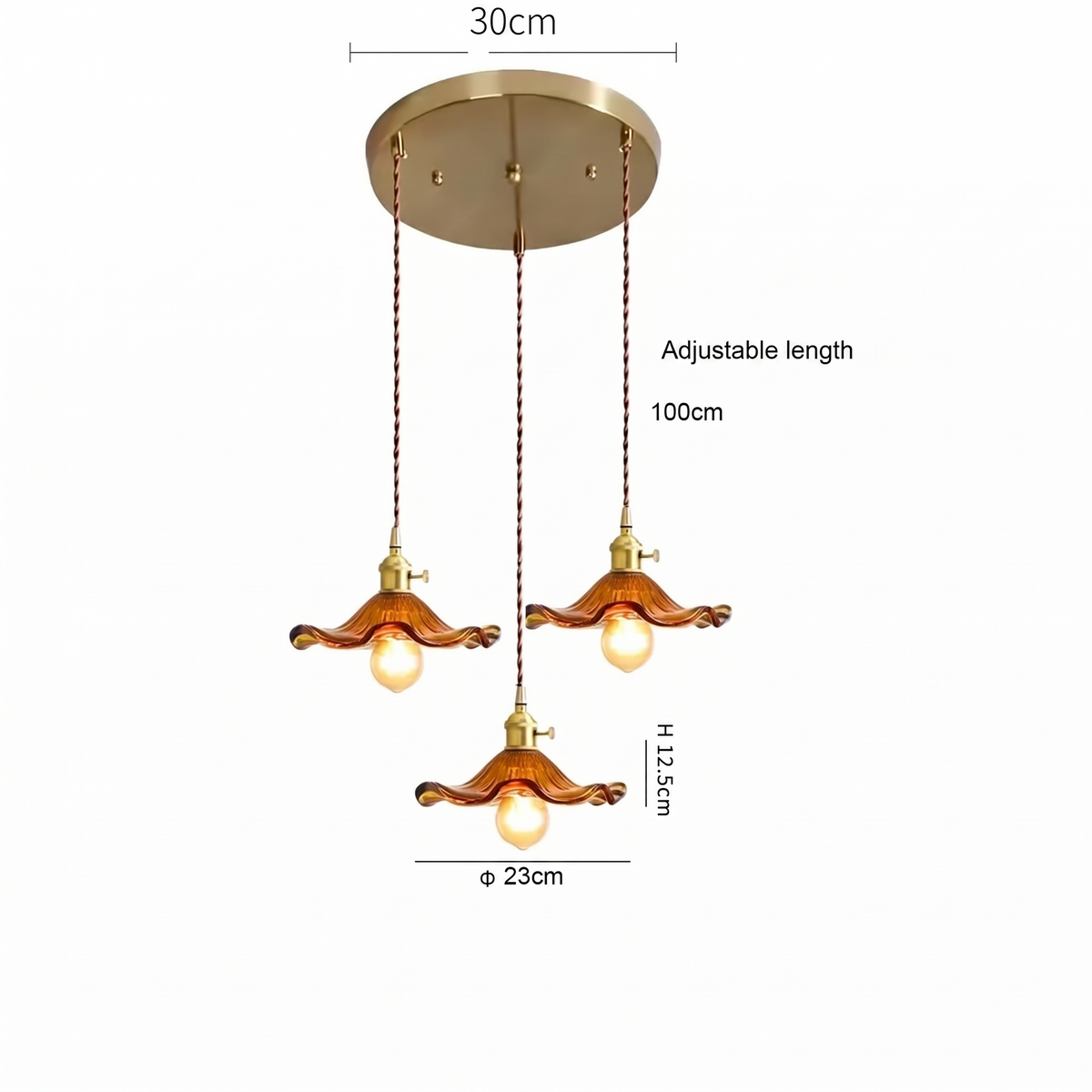 Bloom Glass Pendant amber three-light cluster dimensions - 30cm plate, 100cm drop, adjustable length